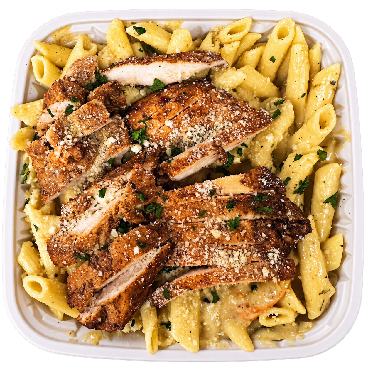 Rasta pasta topped with jerk chicken breast